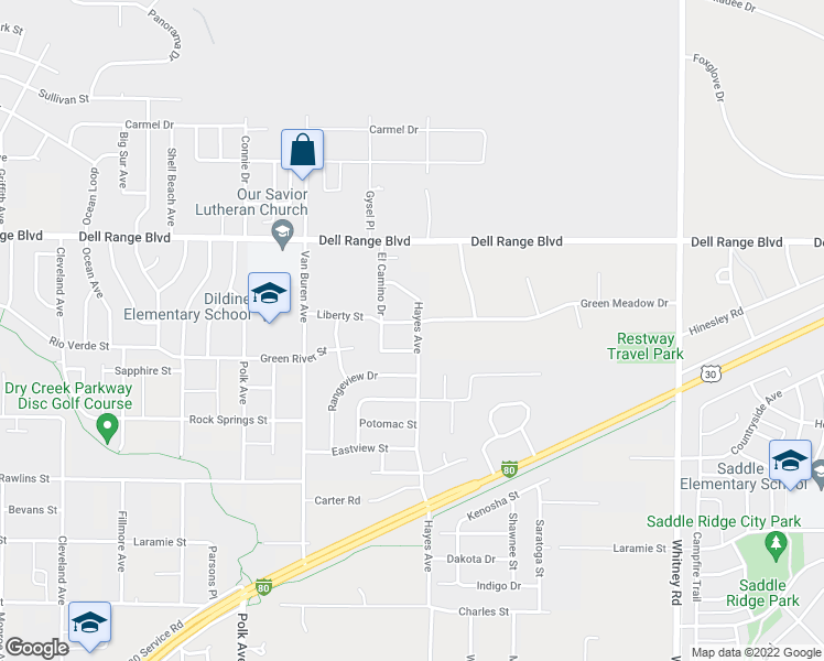 map of restaurants, bars, coffee shops, grocery stores, and more near 4304 Hayes Avenue in Cheyenne