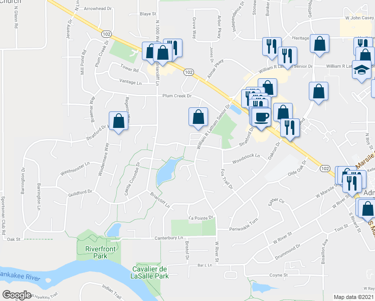 map of restaurants, bars, coffee shops, grocery stores, and more near 940 Stratford Drive East in Bourbonnais