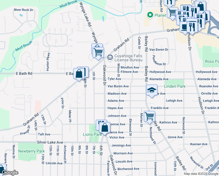 map of restaurants, bars, coffee shops, grocery stores, and more near 412 Van Buren Avenue in Cuyahoga Falls