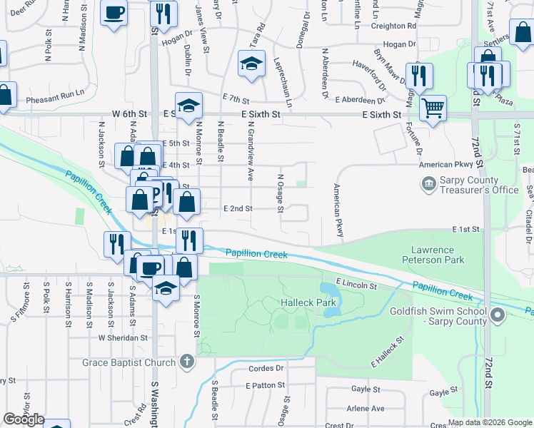 map of restaurants, bars, coffee shops, grocery stores, and more near 525 East 2nd Street in Papillion