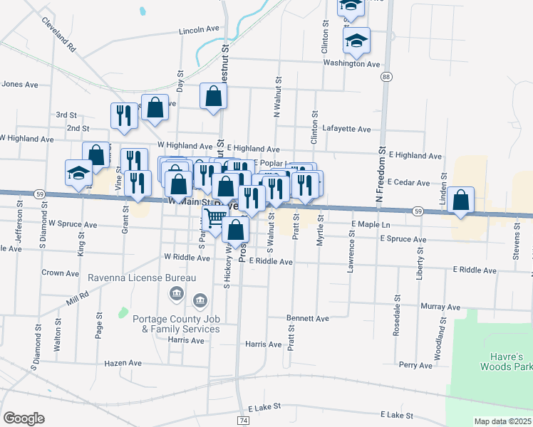 map of restaurants, bars, coffee shops, grocery stores, and more near 214 South Walnut Street in Ravenna