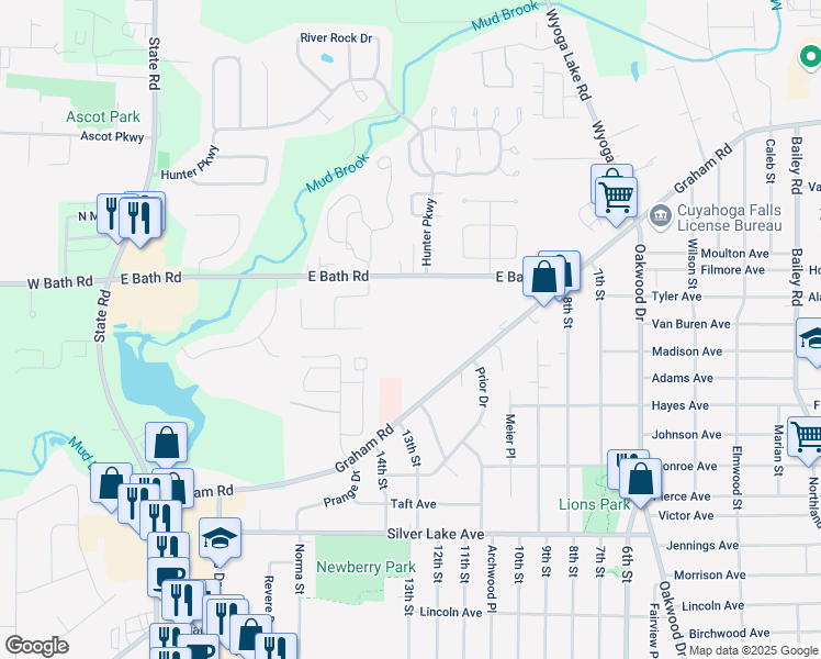 map of restaurants, bars, coffee shops, grocery stores, and more near 351 Graham Road in Cuyahoga Falls