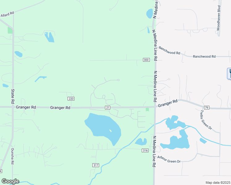 map of restaurants, bars, coffee shops, grocery stores, and more near Granger Road in Medina
