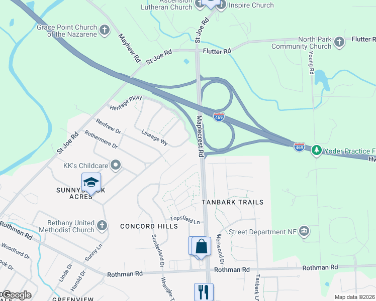 map of restaurants, bars, coffee shops, grocery stores, and more near 6289-6299 Bellingham Ln in Fort Wayne