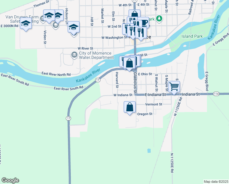 map of restaurants, bars, coffee shops, grocery stores, and more near 209 West Indiana Street in Momence