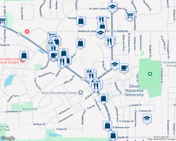 map of restaurants, bars, coffee shops, grocery stores, and more near 168 Bernard Street in Bourbonnais