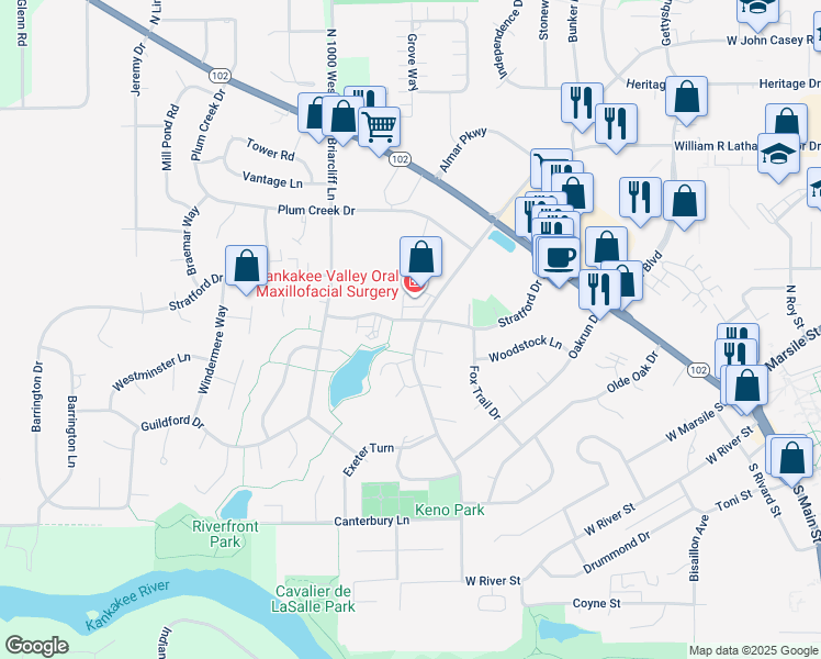 map of restaurants, bars, coffee shops, grocery stores, and more near 940 Stratford Drive East in Bourbonnais