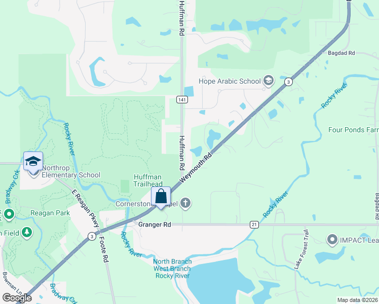 map of restaurants, bars, coffee shops, grocery stores, and more near 4337 Huffman Road in Medina