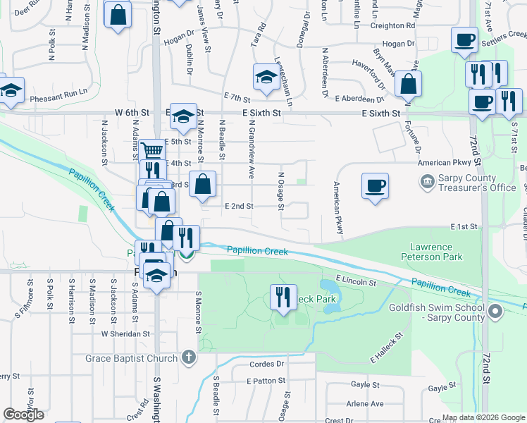 map of restaurants, bars, coffee shops, grocery stores, and more near 525 East 2nd Street in Papillion