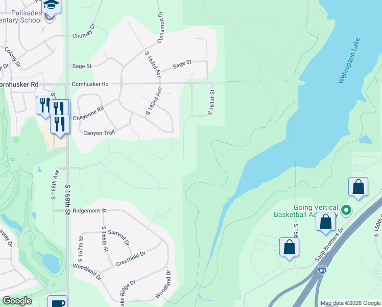 map of restaurants, bars, coffee shops, grocery stores, and more near 10349 South 162nd Street in Omaha