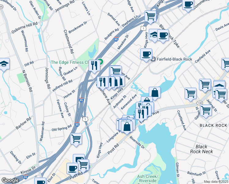 map of restaurants, bars, coffee shops, grocery stores, and more near 340 Grasmere Avenue in Fairfield