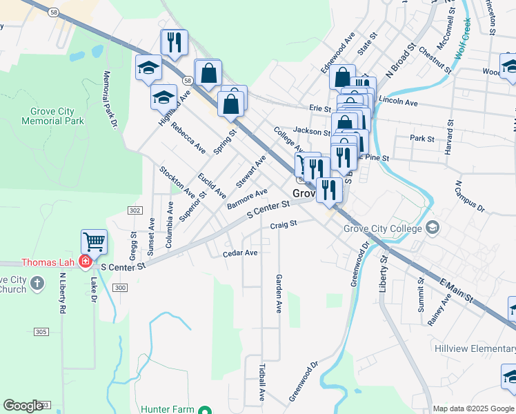 map of restaurants, bars, coffee shops, grocery stores, and more near 603 South Center Street in Grove City