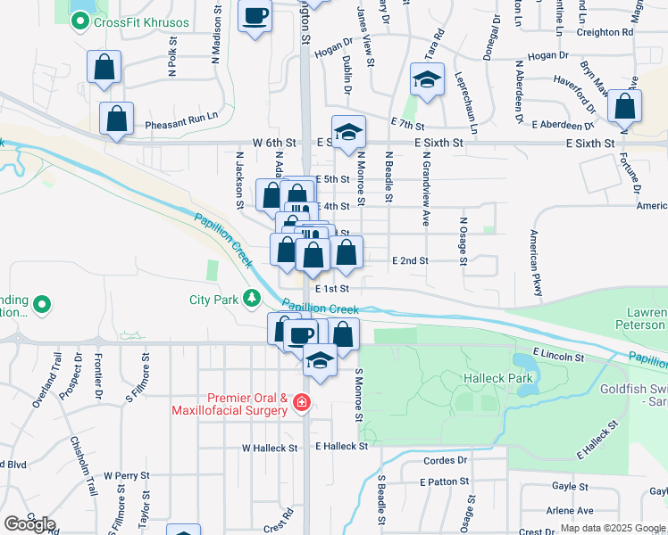 map of restaurants, bars, coffee shops, grocery stores, and more near 220 North Jefferson Street in Papillion