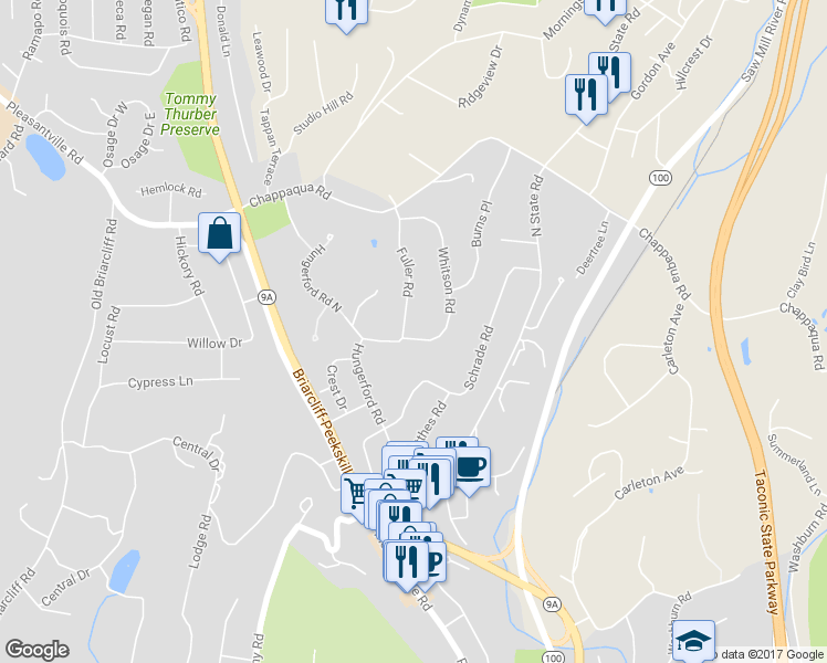 map of restaurants, bars, coffee shops, grocery stores, and more near 47 Fuller Road in Briarcliff Manor