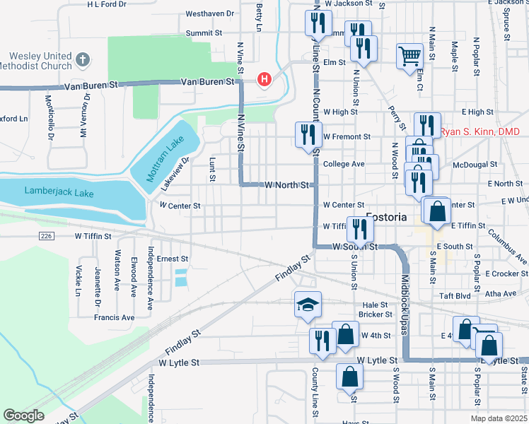 map of restaurants, bars, coffee shops, grocery stores, and more near 107 South Grant Street in Fostoria