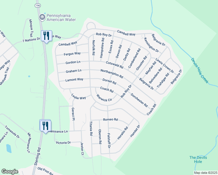 map of restaurants, bars, coffee shops, grocery stores, and more near 4187 Devon Drive in Tobyhanna