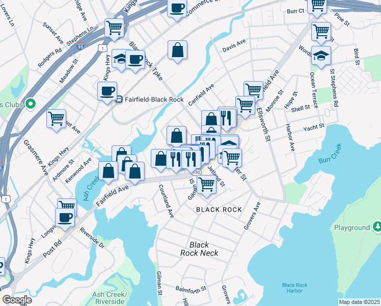 map of restaurants, bars, coffee shops, grocery stores, and more near 78 Bennett Street in Bridgeport