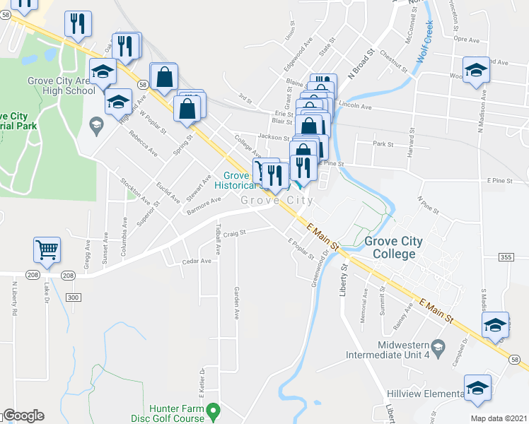 map of restaurants, bars, coffee shops, grocery stores, and more near 418 South Center Street in Grove City