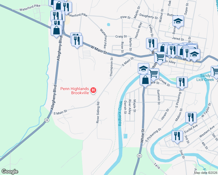 map of restaurants, bars, coffee shops, grocery stores, and more near 41 South Main Street in Brookville