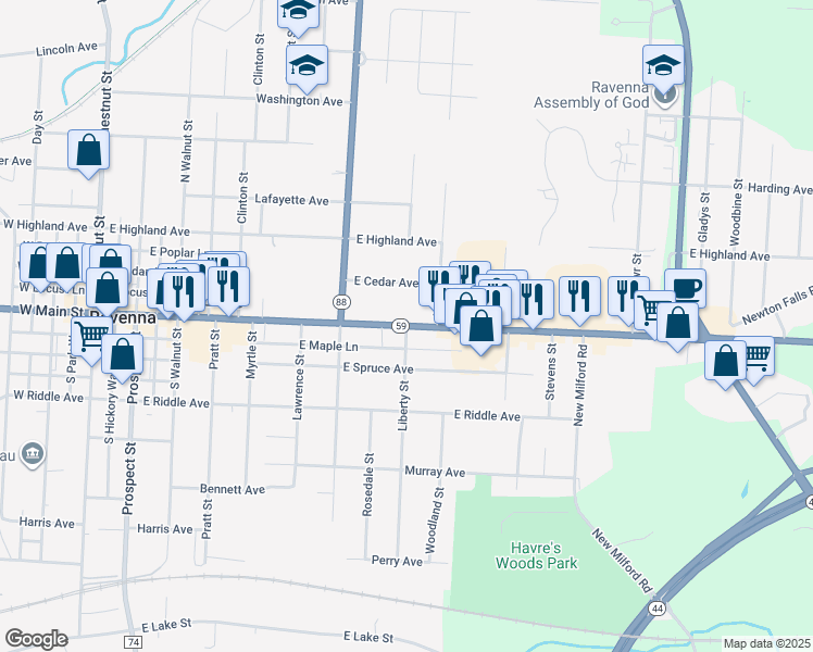 map of restaurants, bars, coffee shops, grocery stores, and more near East Main Street in Ravenna