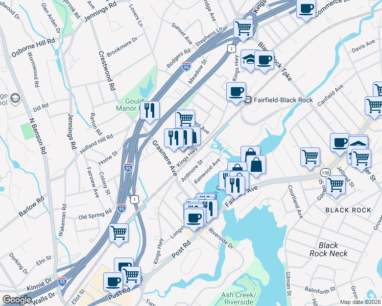 map of restaurants, bars, coffee shops, grocery stores, and more near 1770 Kings Highway in Fairfield