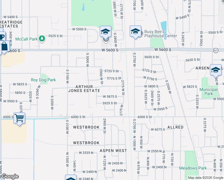 map of restaurants, bars, coffee shops, grocery stores, and more near 5860 South 2825 West in Roy
