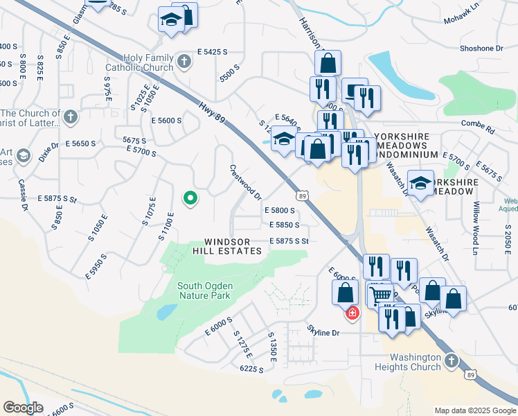map of restaurants, bars, coffee shops, grocery stores, and more near 6 East 5825 South in South Ogden