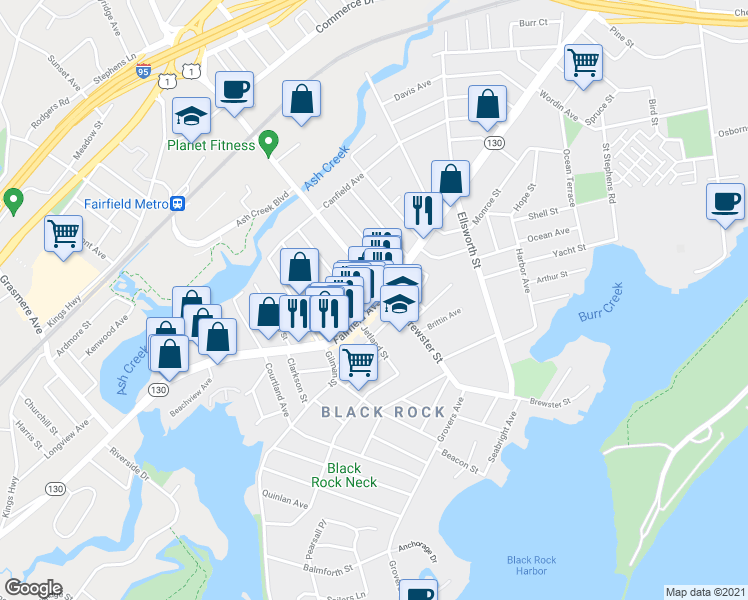 map of restaurants, bars, coffee shops, grocery stores, and more near 2877 Fairfield Avenue in Bridgeport
