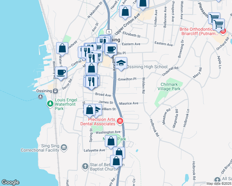 map of restaurants, bars, coffee shops, grocery stores, and more near 46 Broad Avenue in Ossining