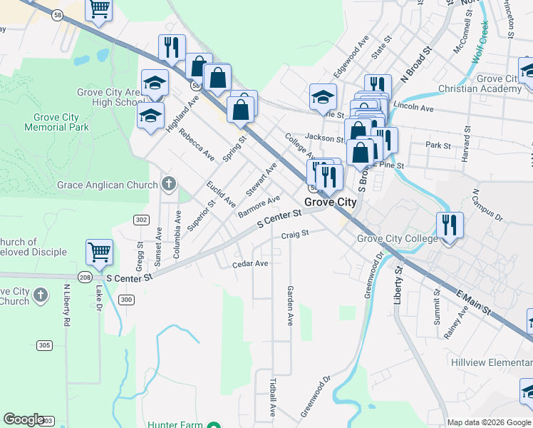 map of restaurants, bars, coffee shops, grocery stores, and more near 410 Tidball Avenue in Grove City