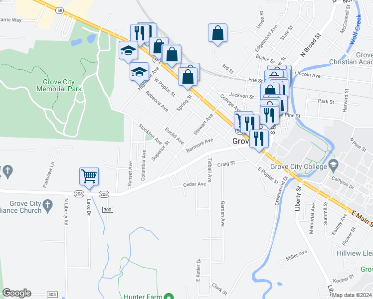 map of restaurants, bars, coffee shops, grocery stores, and more near 606 Stewart Avenue in Grove City