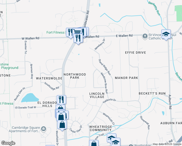 map of restaurants, bars, coffee shops, grocery stores, and more near 8224 Ravinia Road in Fort Wayne