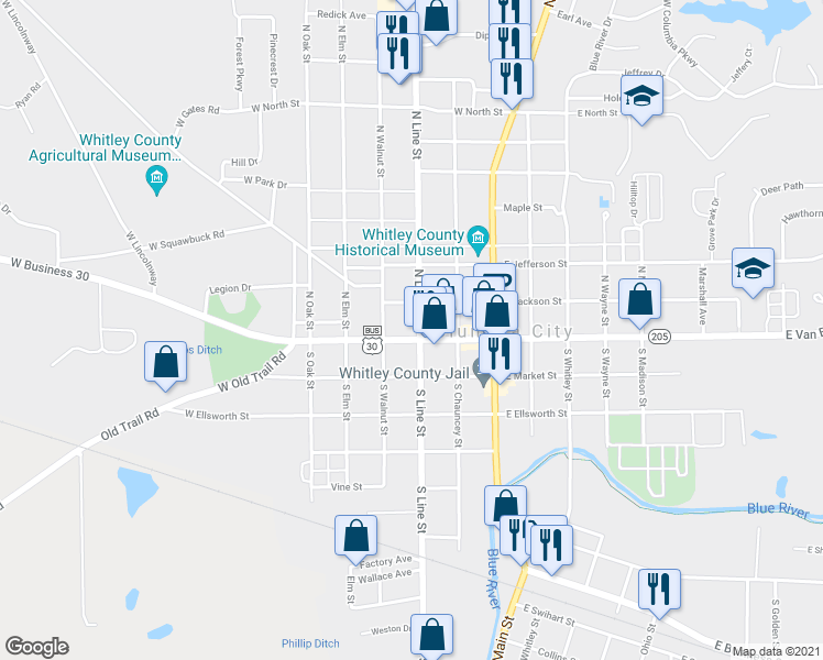 map of restaurants, bars, coffee shops, grocery stores, and more near 225 1/2 West Van Buren Street in Columbia City