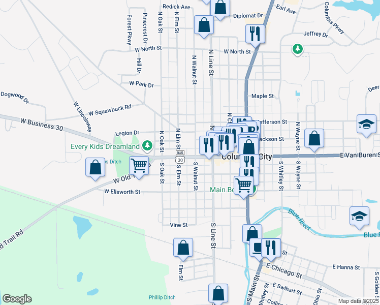 map of restaurants, bars, coffee shops, grocery stores, and more near 315 W Van Buren St in Columbia City