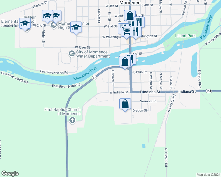 map of restaurants, bars, coffee shops, grocery stores, and more near 209 West Indiana Street in Momence