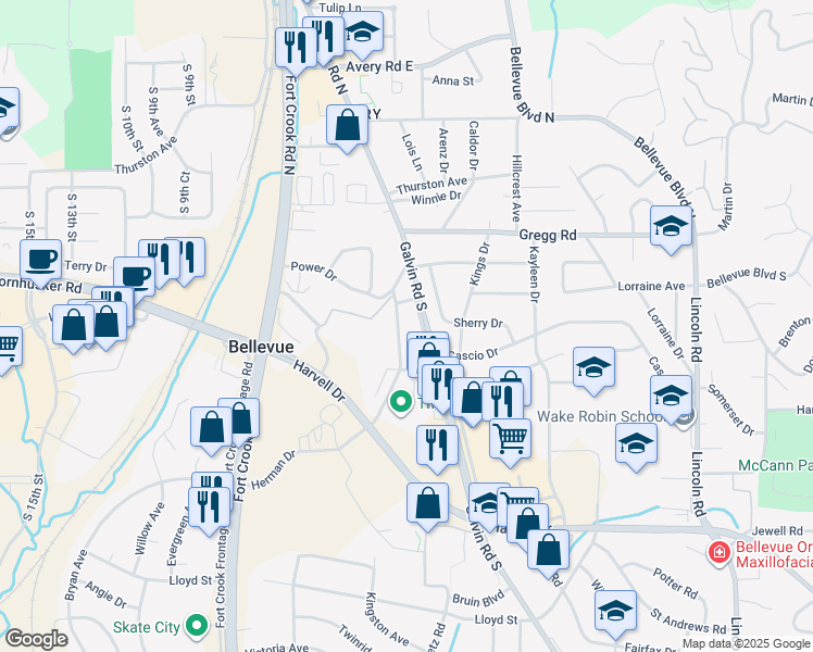map of restaurants, bars, coffee shops, grocery stores, and more near 401 Chateau Drive in Bellevue