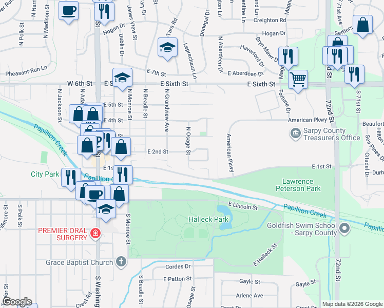 map of restaurants, bars, coffee shops, grocery stores, and more near 632 Osage Drive in Papillion