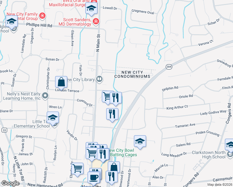 map of restaurants, bars, coffee shops, grocery stores, and more near 14 Squadron Boulevard in New City