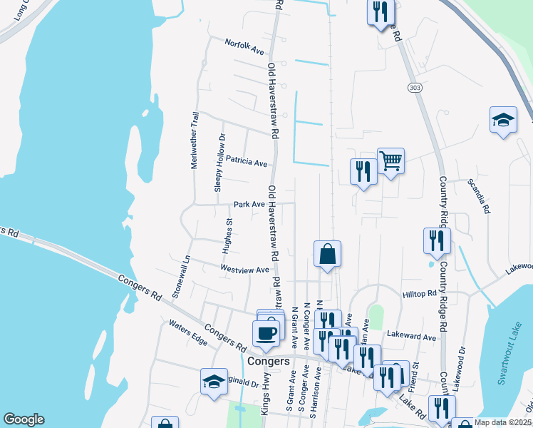 map of restaurants, bars, coffee shops, grocery stores, and more near 99 Old Haverstraw Road in Congers