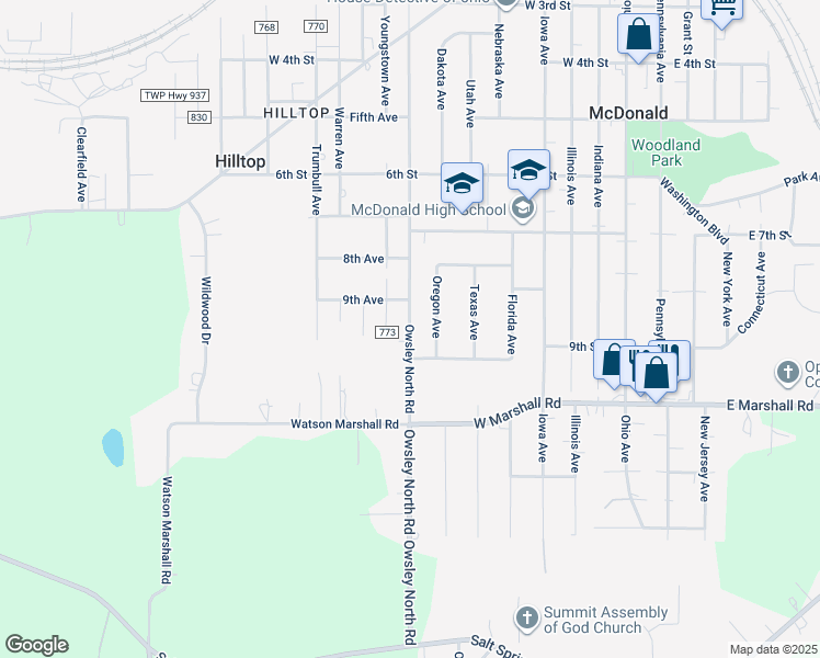 map of restaurants, bars, coffee shops, grocery stores, and more near 932 Owsley North Road in McDonald