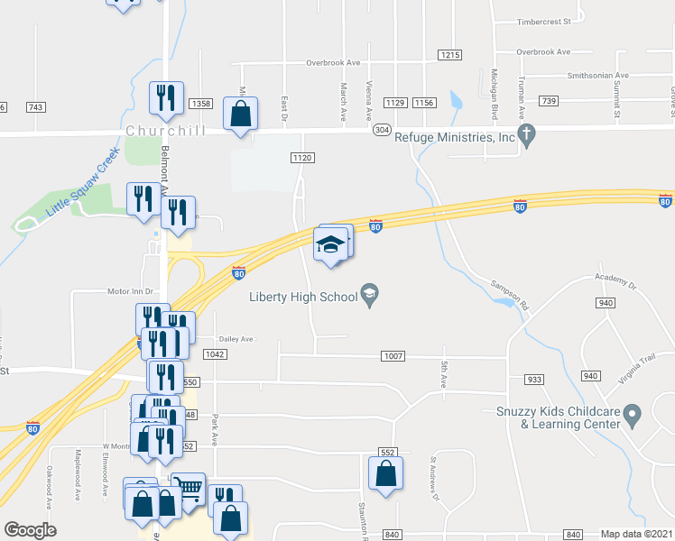 map of restaurants, bars, coffee shops, grocery stores, and more near 4115 Shady Road in Youngstown