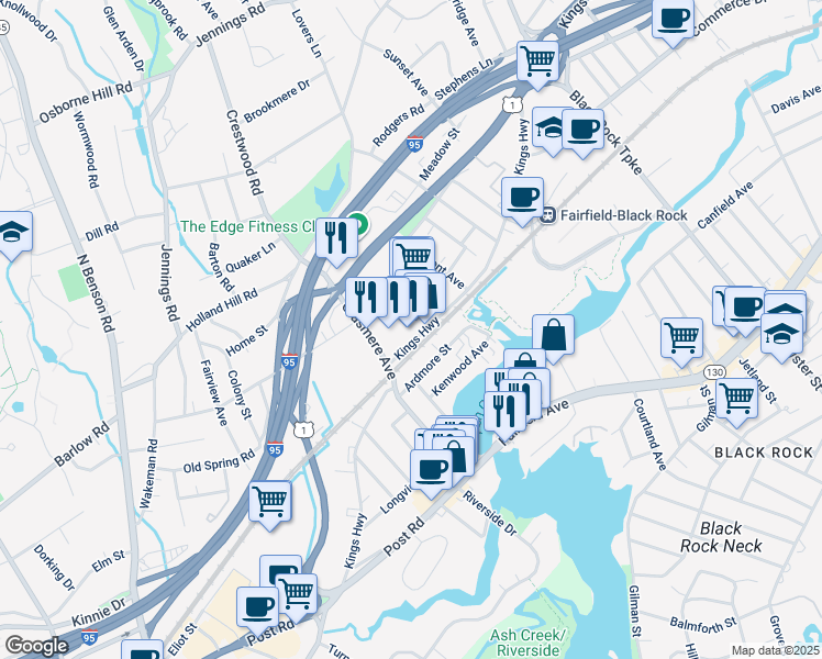 map of restaurants, bars, coffee shops, grocery stores, and more near 340 Grasmere Avenue in Fairfield