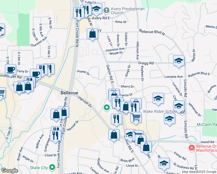 map of restaurants, bars, coffee shops, grocery stores, and more near 401 Chateau Drive in Bellevue
