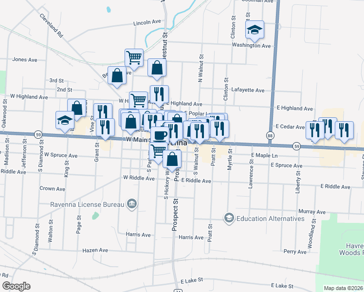 map of restaurants, bars, coffee shops, grocery stores, and more near in Ravenna