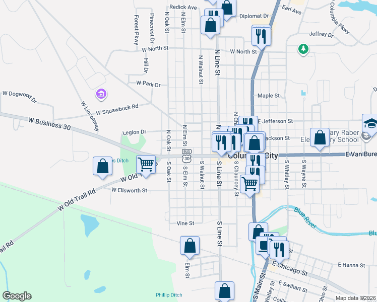 map of restaurants, bars, coffee shops, grocery stores, and more near 415 West Business 30 in Columbia City