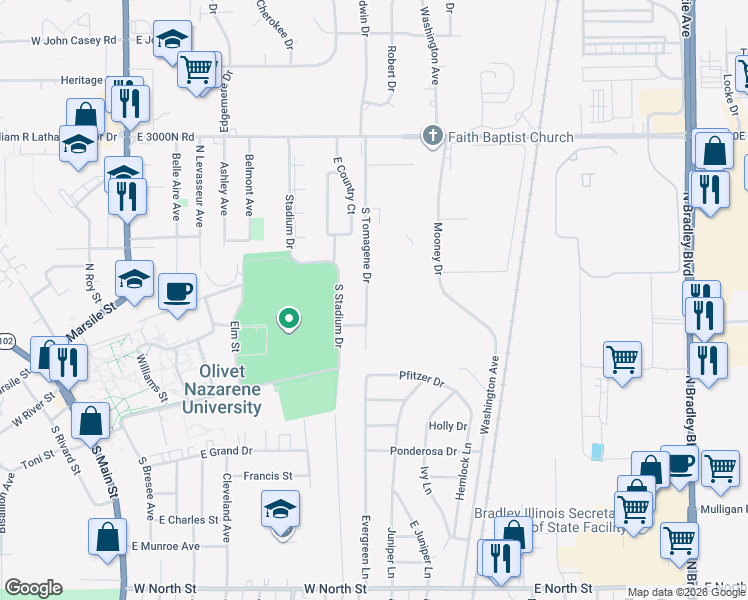 map of restaurants, bars, coffee shops, grocery stores, and more near 190B South Tomagene Drive in Bourbonnais
