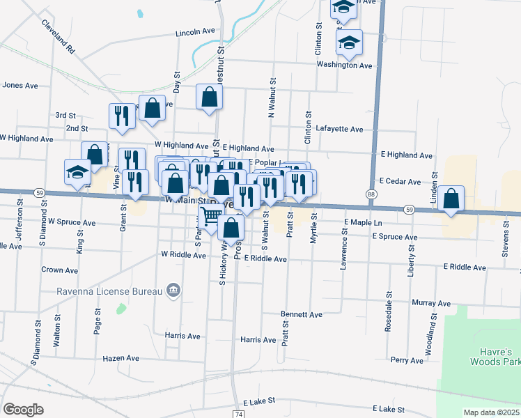 map of restaurants, bars, coffee shops, grocery stores, and more near 214 South Walnut Street in Ravenna