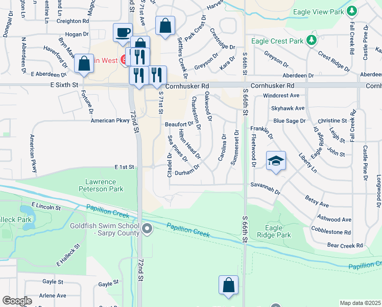 map of restaurants, bars, coffee shops, grocery stores, and more near 1510 Durham Drive in Papillion