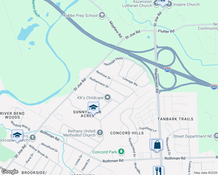 map of restaurants, bars, coffee shops, grocery stores, and more near 5400 Rothermere Drive in Fort Wayne