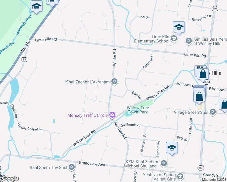 map of restaurants, bars, coffee shops, grocery stores, and more near 32 Wilder Road in Monsey